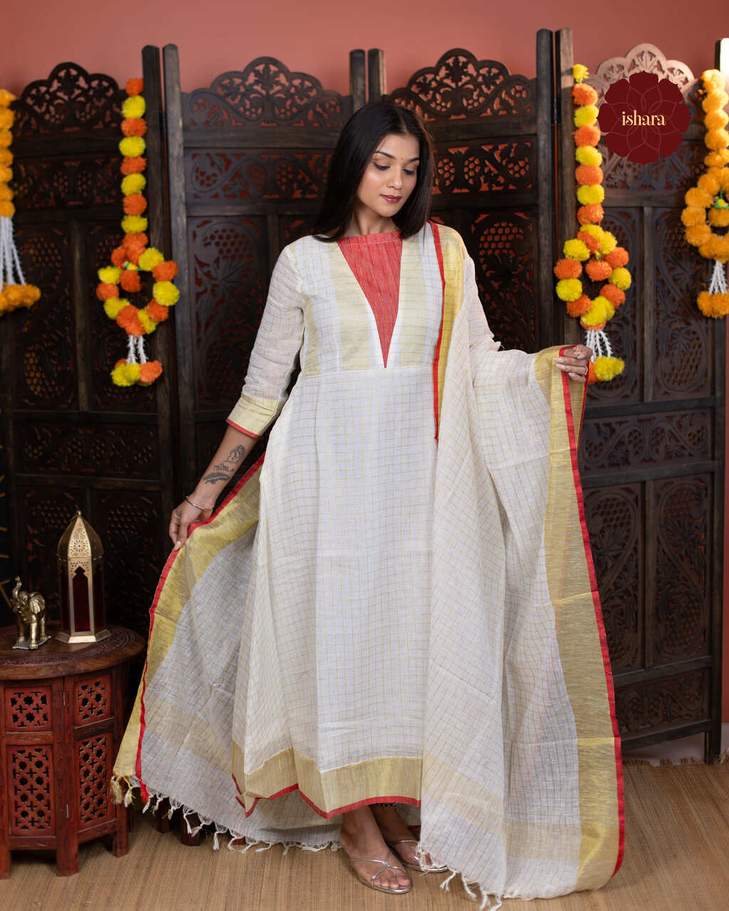 Gold Zari Checkered Anarkali Kurti with dupatta