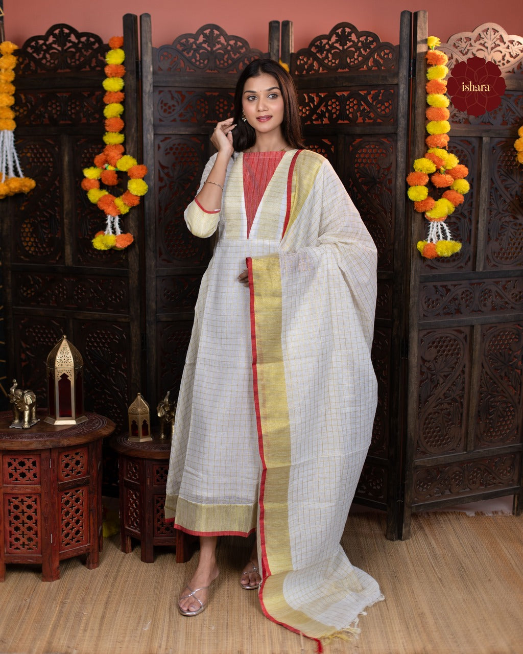 Gold Zari Checkered Anarkali Kurti with dupatta