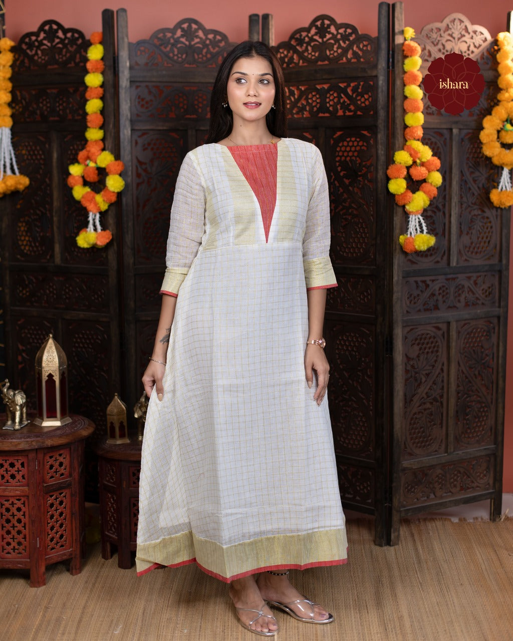 Gold Zari Checkered Anarkali Kurti with dupatta