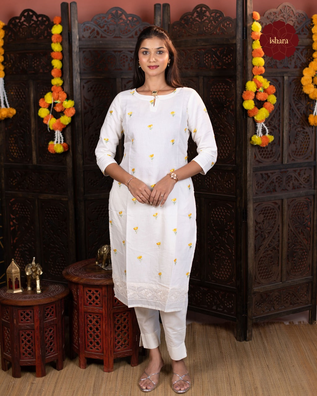 Mul chanderi off white embroidered suit