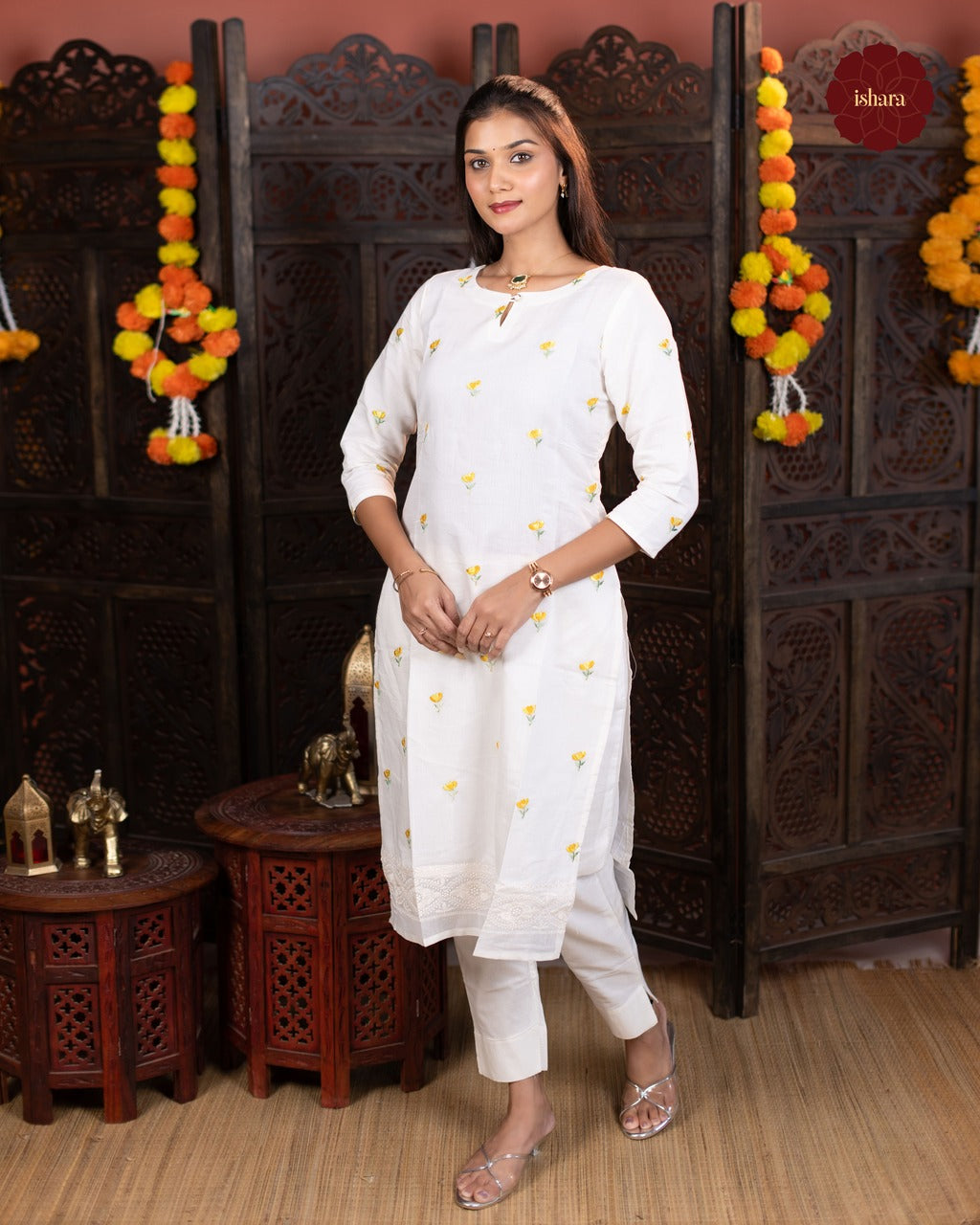 Mul chanderi off white embroidered suit