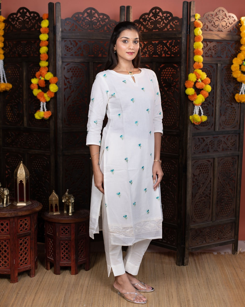 Mul chanderi off white embroidered suit
