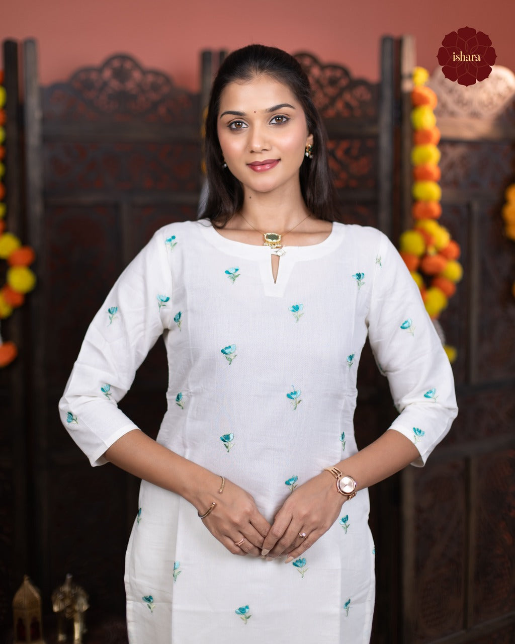 Mul chanderi off white embroidered suit