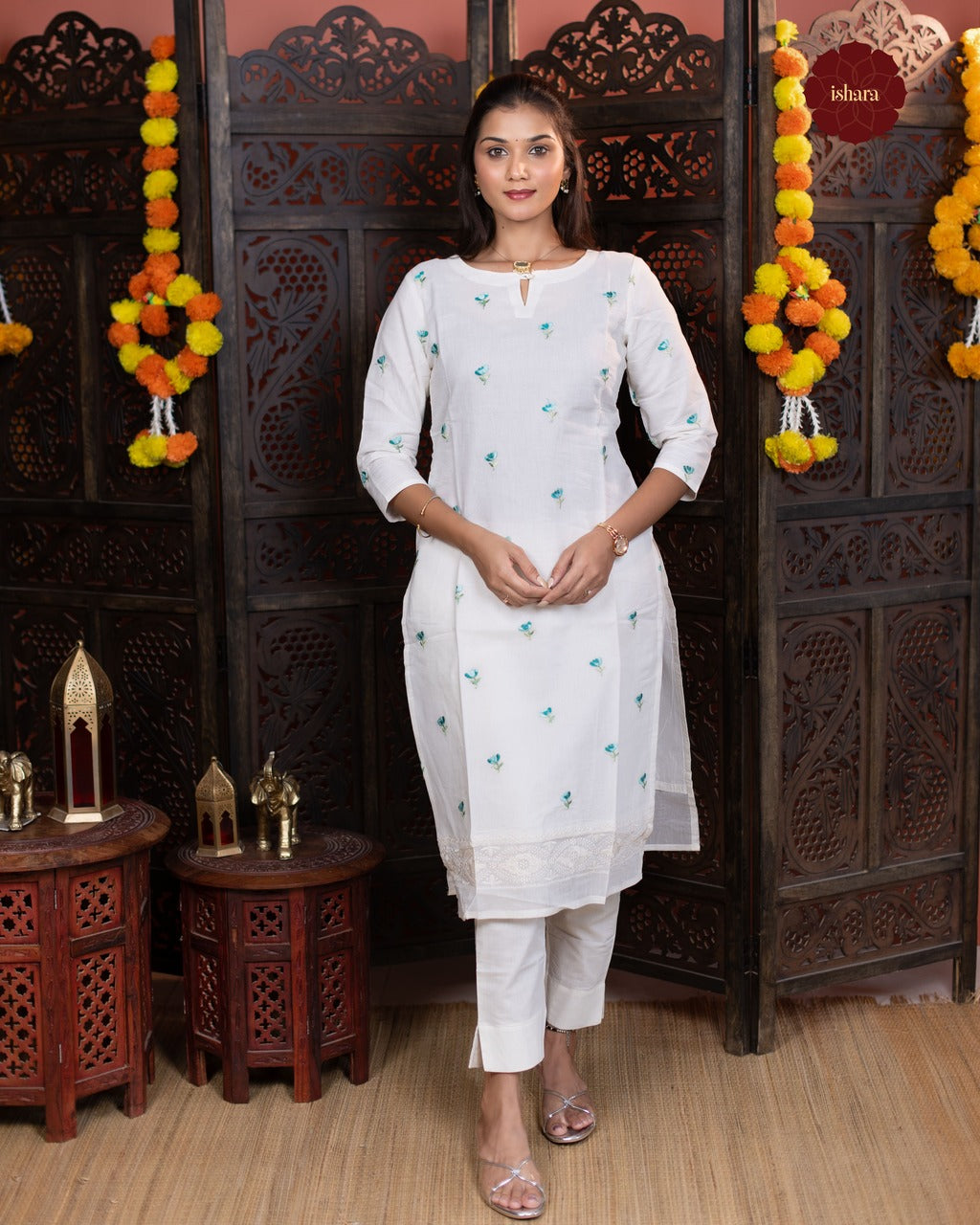 Mul chanderi off white embroidered suit