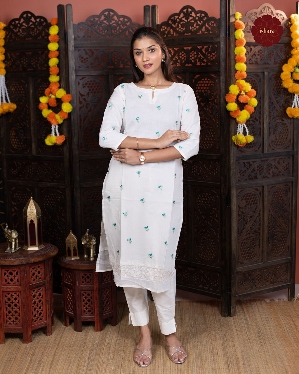 Mul chanderi off white embroidered suit