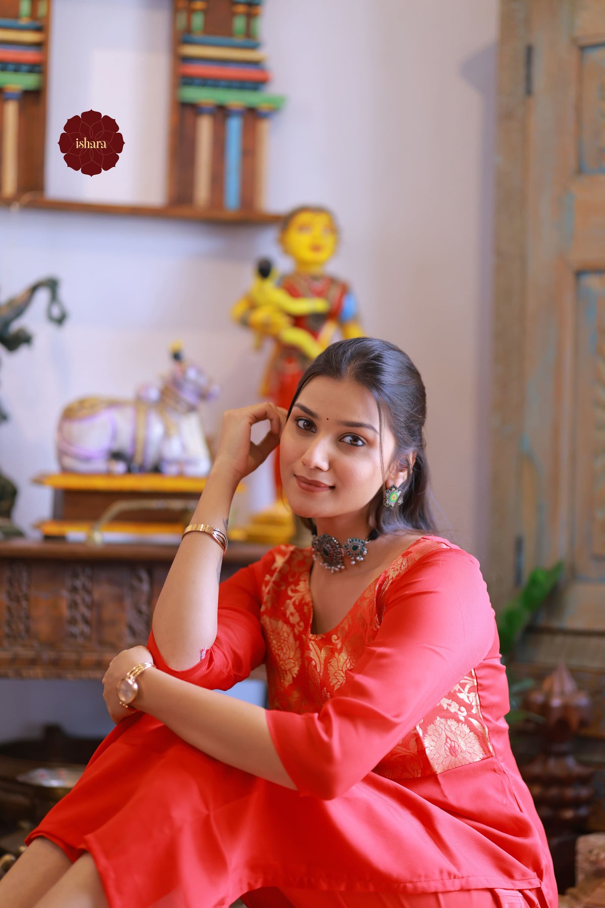Red tissue Georgette kurti with Banarasi yoke