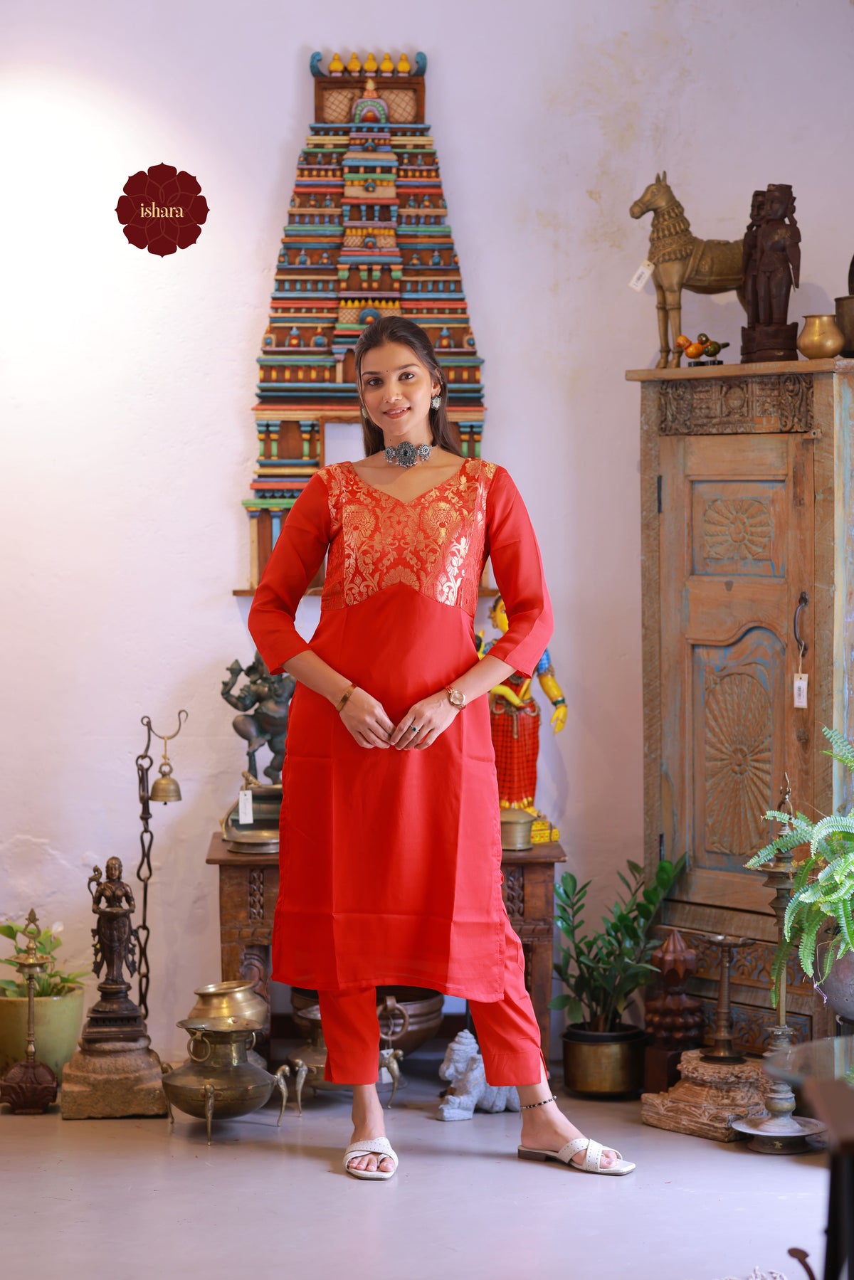 Red tissue Georgette kurti with Banarasi yoke