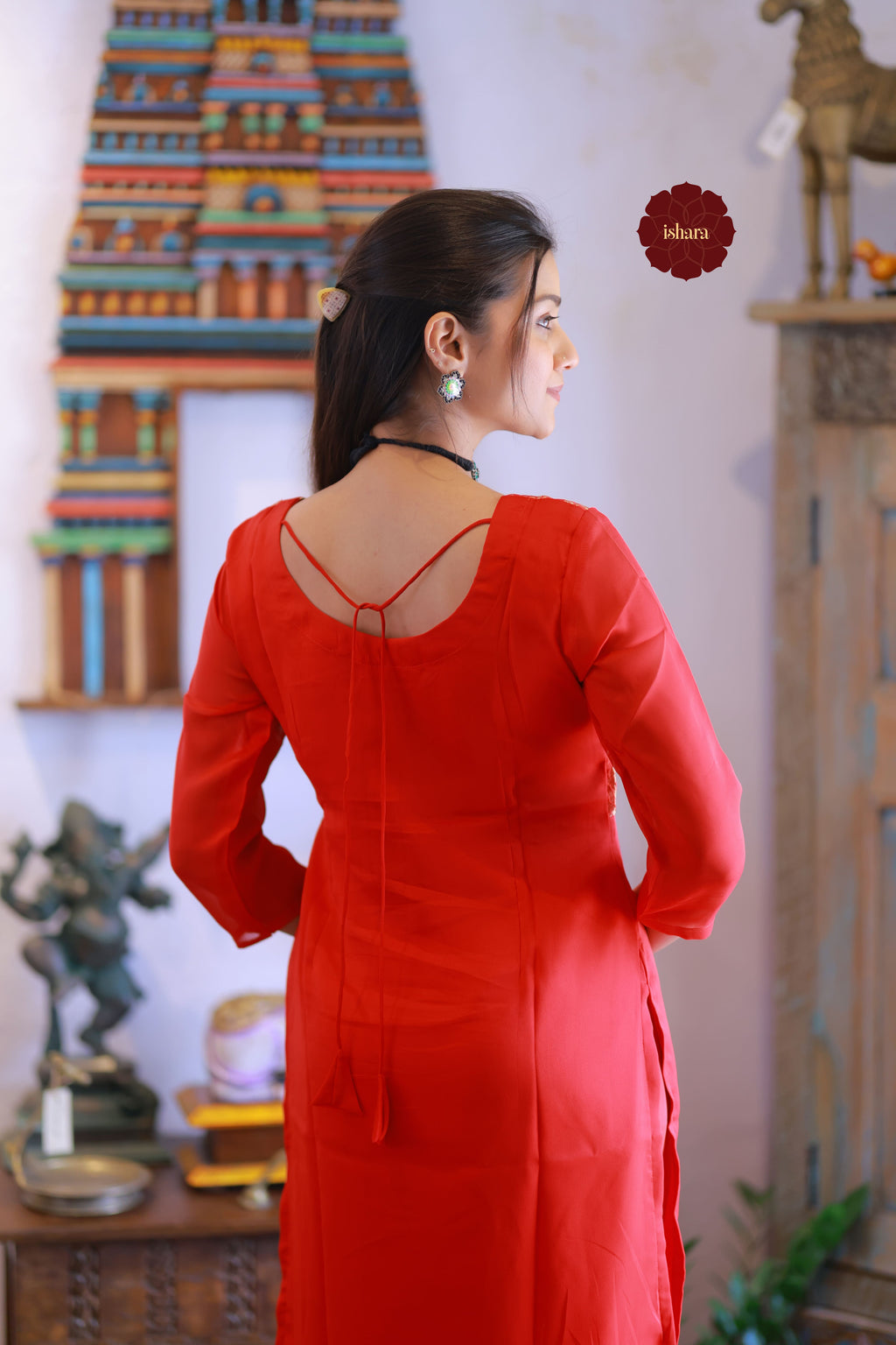 Red tissue Georgette kurti with Banarasi yoke