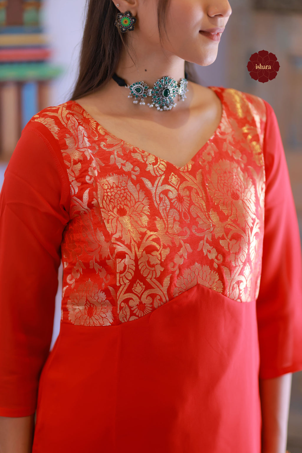 Red tissue Georgette kurti with Banarasi yoke