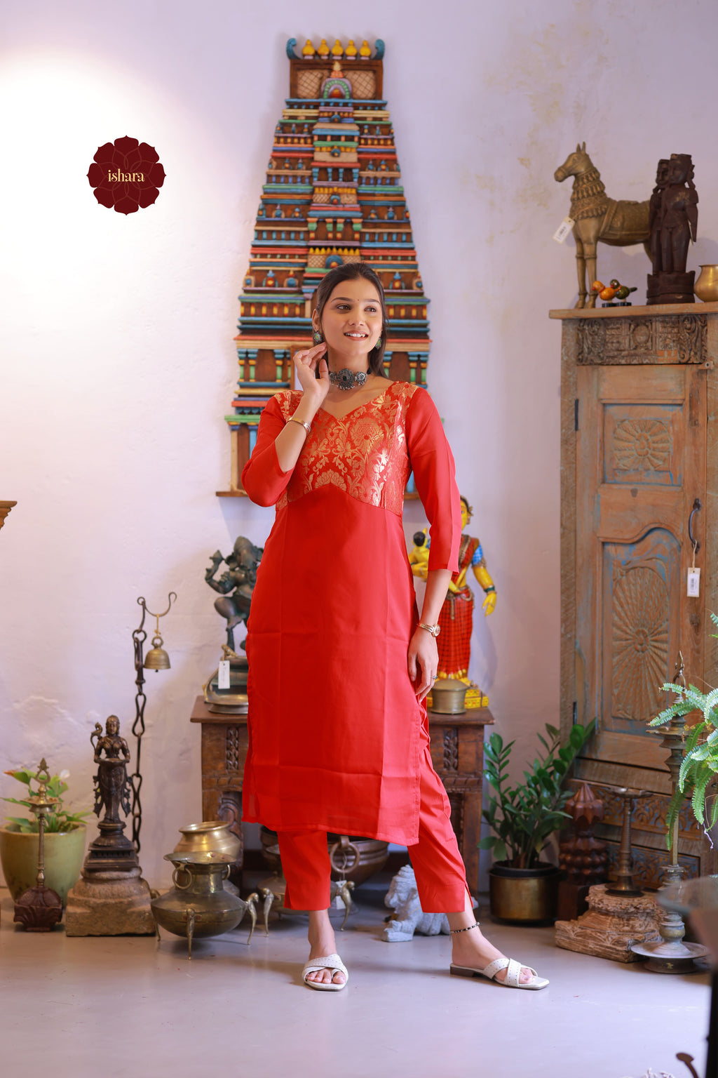 Red tissue Georgette kurti with Banarasi yoke