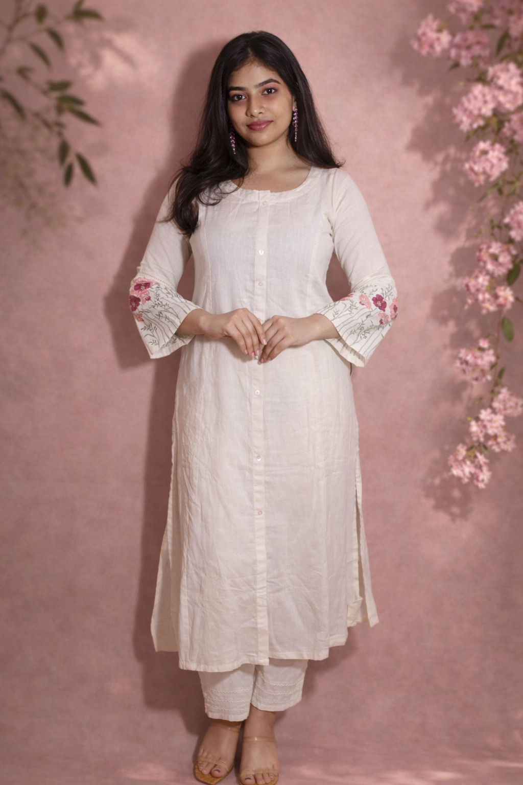 White kurti with embroidered sleeve