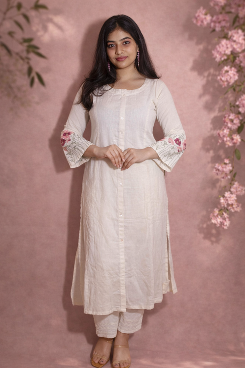 White kurti with embroidered sleeve