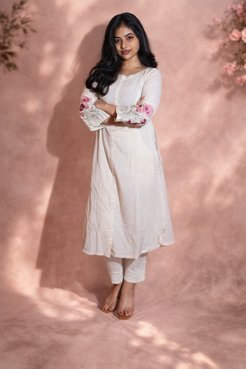 White kurti with embroidered sleeve