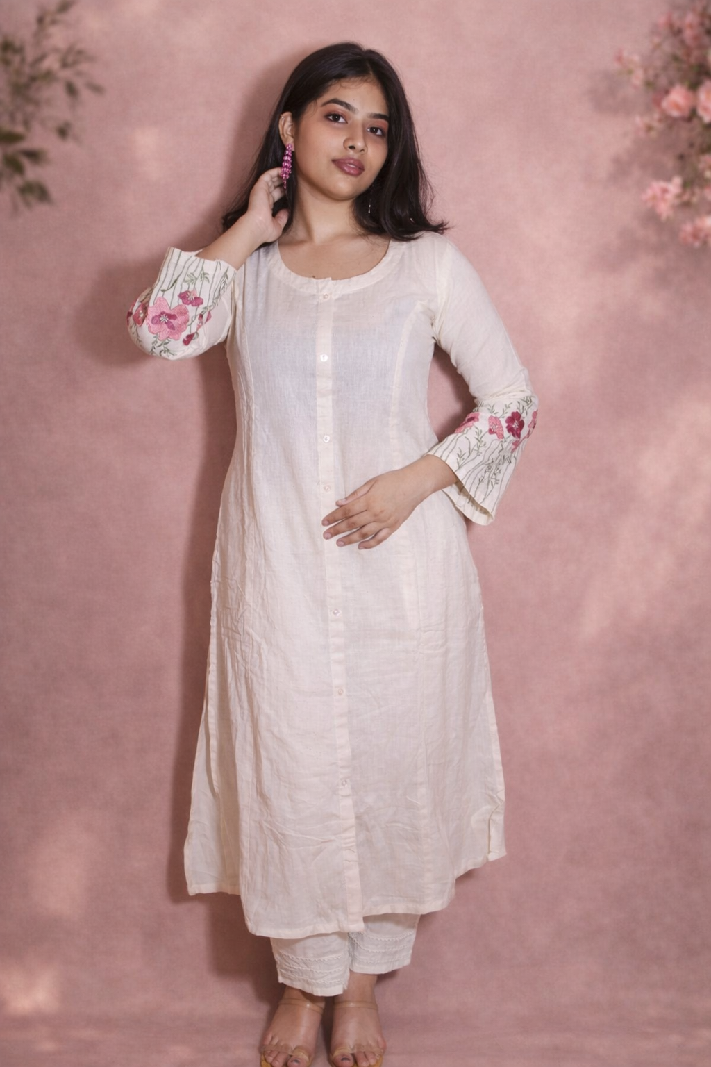 White kurti with embroidered sleeve