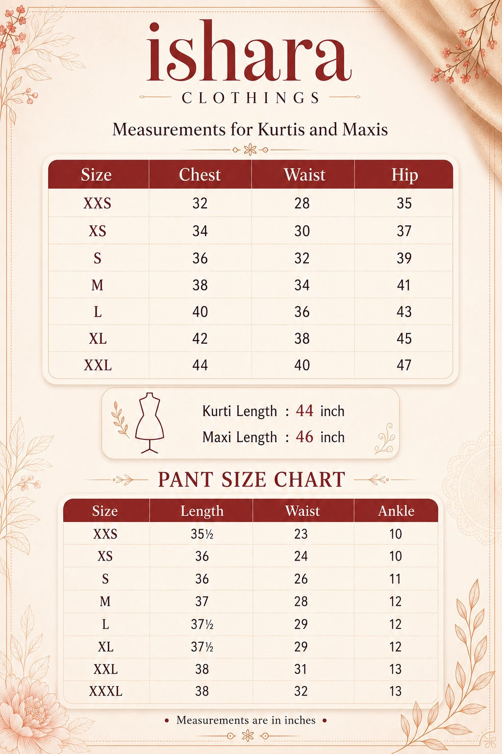 ishara size chart