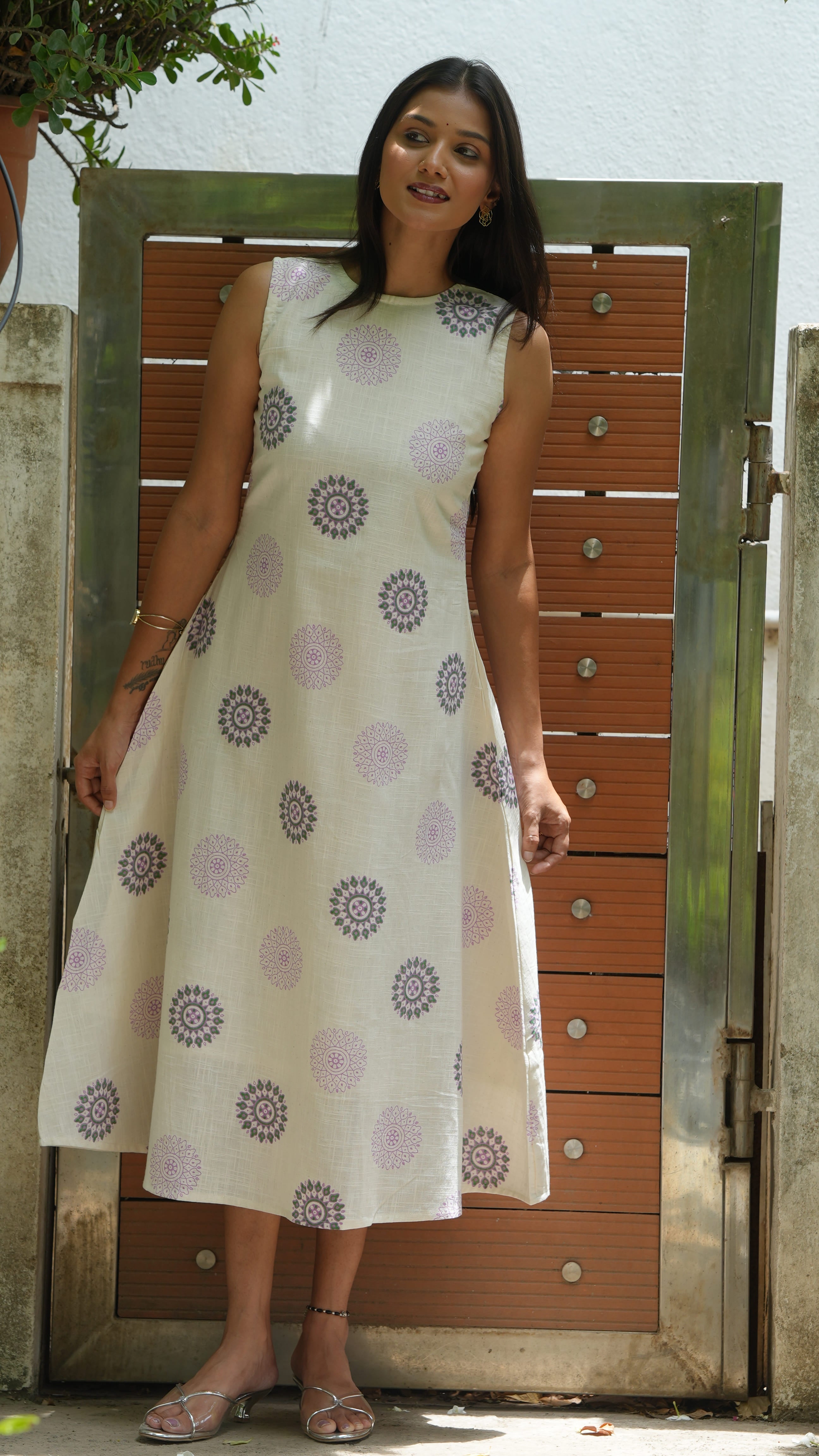 Off White Block Printed Dress