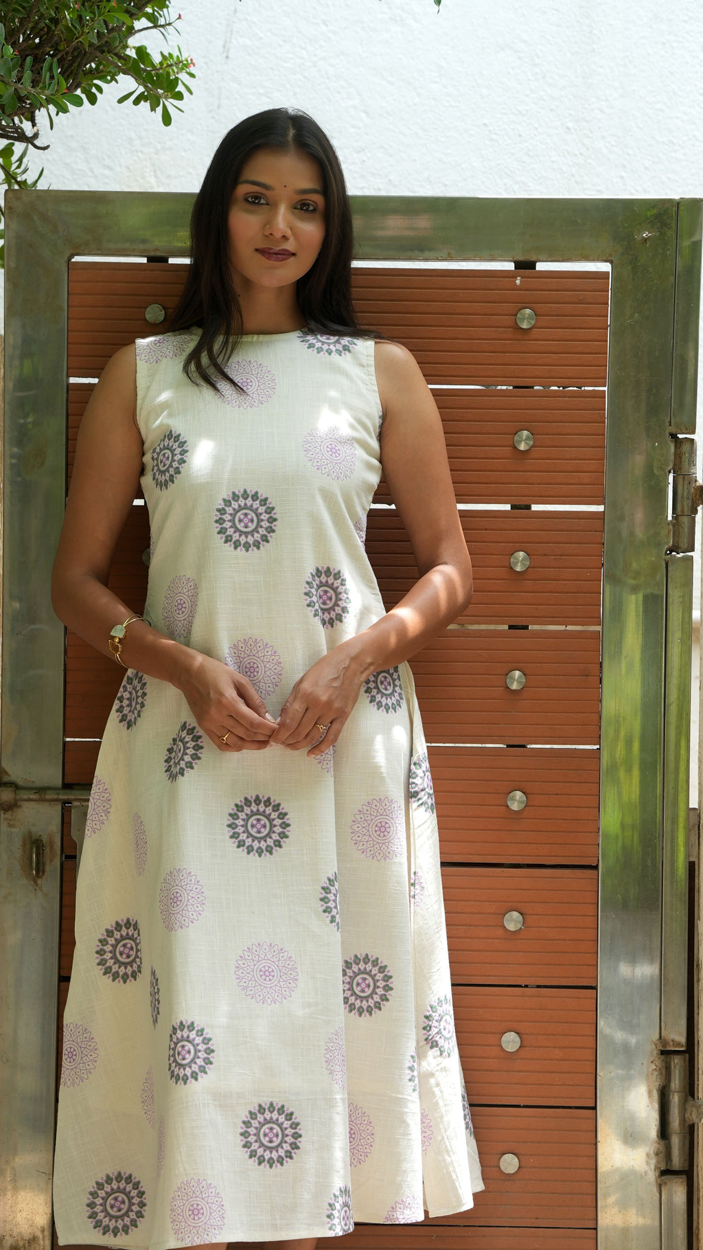 Off White Block Printed Dress